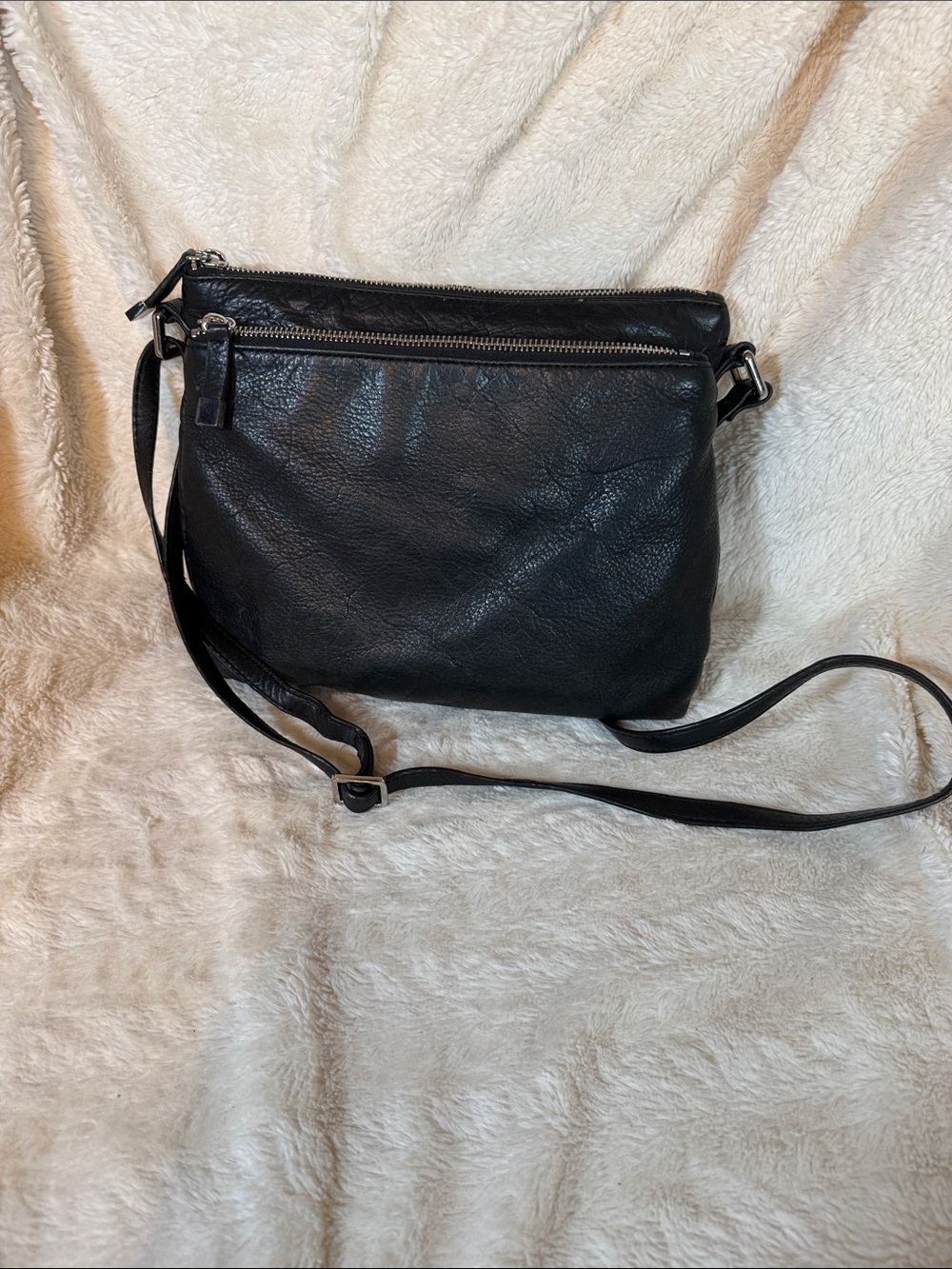 margot Black Leather Crossbody with Dual Zip Pockets